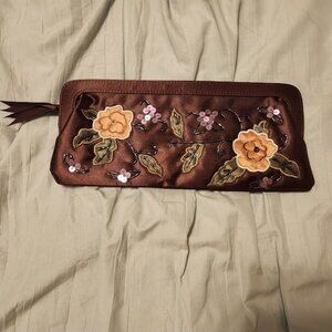 Brown Embroidered Floral Clutch